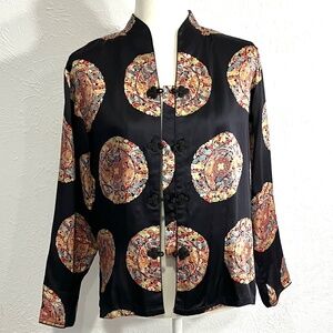 100% Silk Blouse, Frog Closures, Size L, Chinese Motif, Black Piping